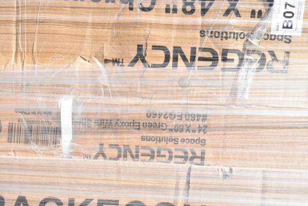 Packaged Regency 24"x60" Green Epoxy Wire Wine Shelf, damaged box, barcode and product details visible.