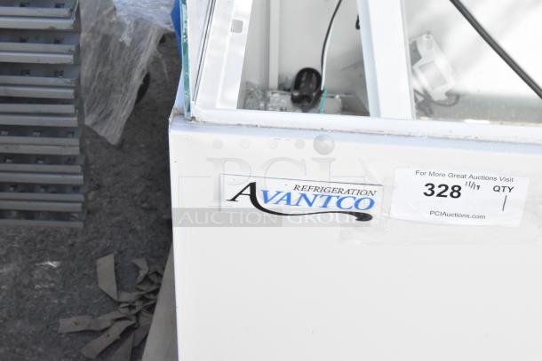 Avantco 193BCFD60W 59 1/8" white square dry bakery display case, LED lighting, visible brand label. 110-120 Volts, 1 Phase.