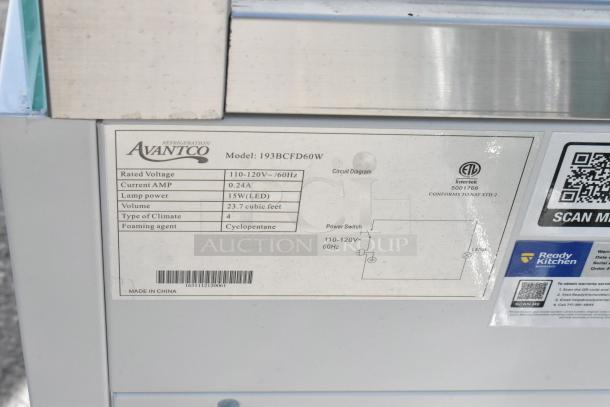 Avantco 193BCFD60W bakery display case label; 110-120V, 1 phase, LED lighting, 23.7 cu. ft., made in China.