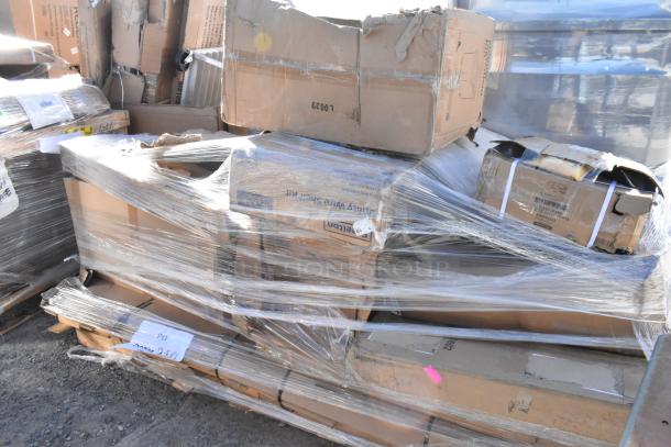 Pallet of 15 brand new scratch and dent items, including dish cabinet, traffic door, strip warmer, poly top table, wrapped in plastic.