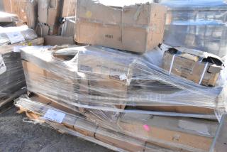 Pallet of 15 brand new scratch and dent items, including dish cabinet, traffic door, strip warmer, poly top table, wrapped in plastic.
