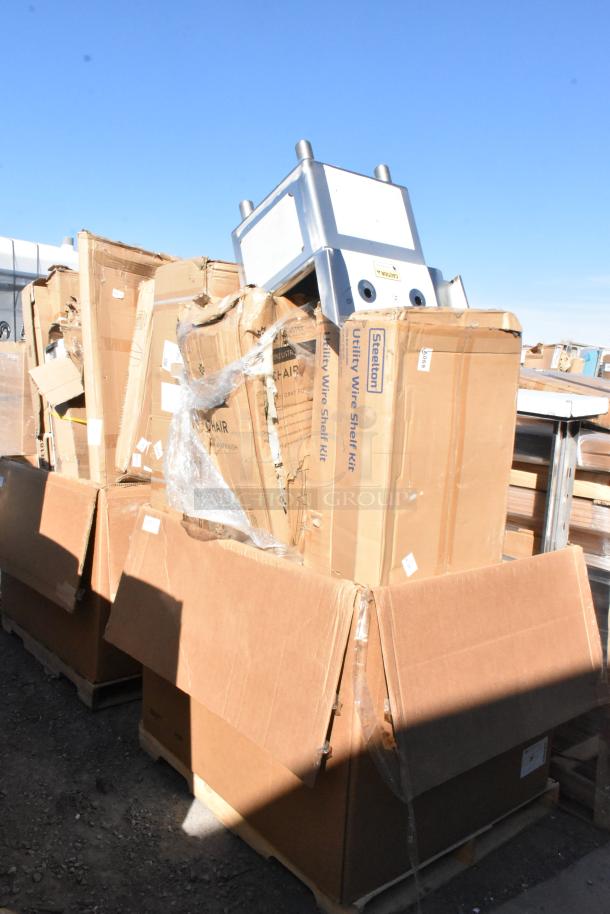 Pallet of 15 brand new scratch and dent items, including Steelton Utility Wire Shelf Kits and Regency Stainless Steel Solid Wall Shelf, in original packaging.