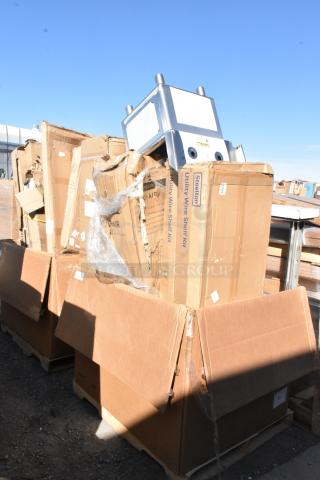 Pallet of 15 brand new scratch and dent items, including Steelton Utility Wire Shelf Kits and Regency Stainless Steel Solid Wall Shelf, in original packaging.
