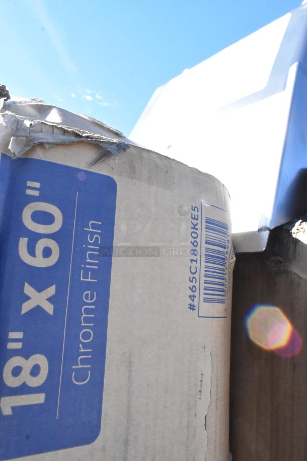 Damaged packaging for 465C1860KE5 Steelton Utility Wire Shelf Kit, labeled "18 x 60" Chrome Finish."