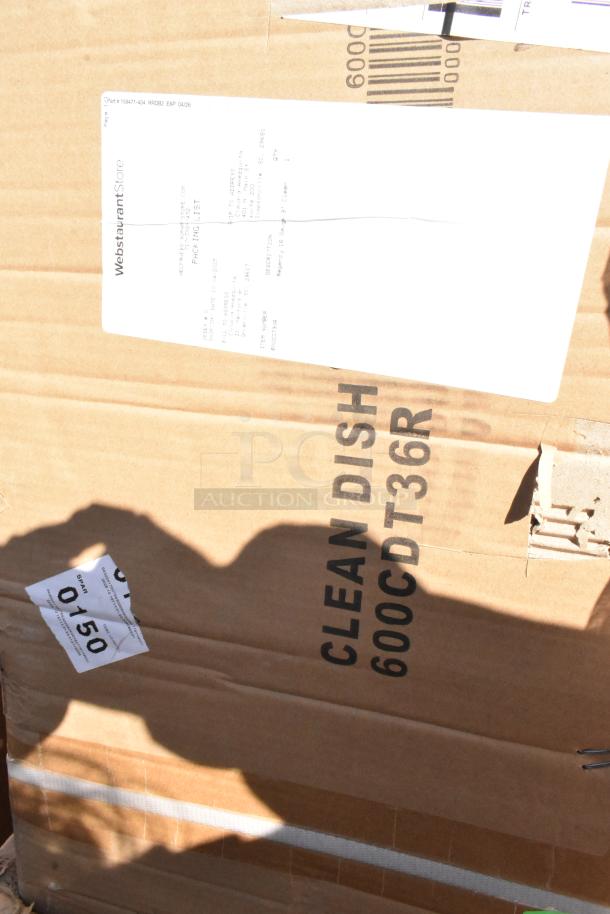 Cardboard box labeled "CLEAN DISH 600CDT36R" with visible packing list and auction tag.
