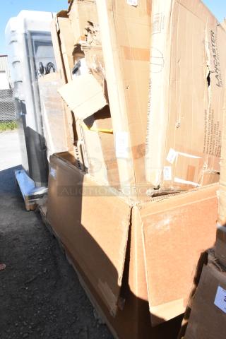 10 new scratch and dent items, including Lancaster and Regency products, in damaged boxes, featuring outdoor tables and pot racks.