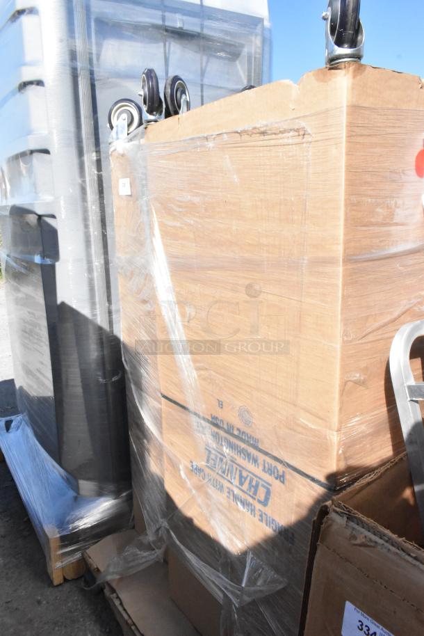 3 brand new Channel AXD518P6 bottom load aluminum platter racks, 11 shelves, in original packaging, on wheels.