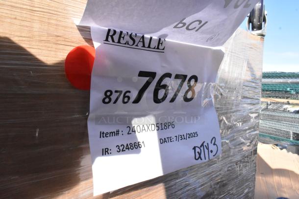 3 new Channel AXD518P6 platter racks, 11 shelves each, scratch and dent condition. Label shows item details and quantity.