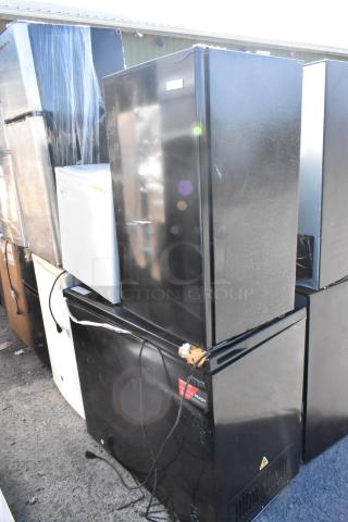 Three mini coolers including Nostalgia IRF32BK, Haier HSA02WNDWW, 115V, 1 phase, assorted colors, visible wear.