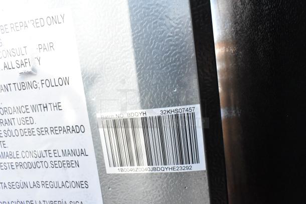 Barcode and batch label on an appliance, indicating Batch No. BDQYH, with the code 32KHS07457.