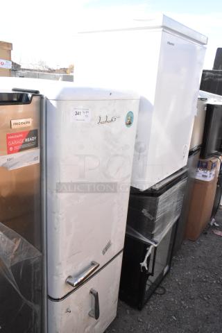 Habco mini cooler merchandiser, Hisense chest freezer, and Frigidaire reach-in cooler, 115V, 1 phase, visible wear.