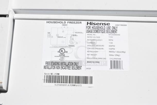Hisense WFC050M6XWD Chest Freezer label, indicating model number, voltage, and installation instructions. Made in China.