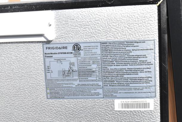 Three coolers: Frigidaire FGFR334-B, Frigidaire EFRF698-6COM, Black & Decker BCE46B. 115V, 1 Phase. Frigidaire label visible with cautionary information.