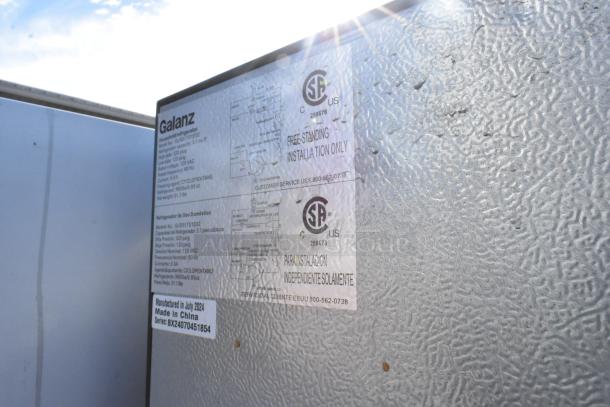 Galanz GLR31TS1E02 cooler label detailing specs: 3.1 cu ft, 120 VAC, 115 volts, 1 phase. Made in China, July 2024.