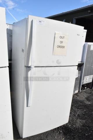 Whirlpool WRT511SZDW00 cooler with freezer, 115V, shows "Out of Order" sign, visible wear. Model WRT511SZDW00.