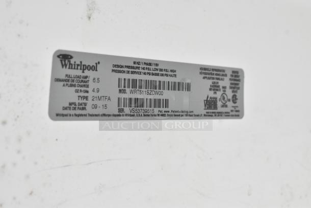 Label for Whirlpool WRT511SZDW00 reach-in cooler with freezer, 115 volts, 1 phase, 60 Hz, showcasing model and serial numbers.