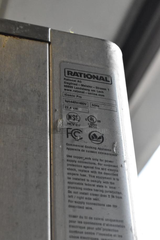 Rational iCombi Pro convection oven label, showing model info and compliance markings in stainless steel finish.