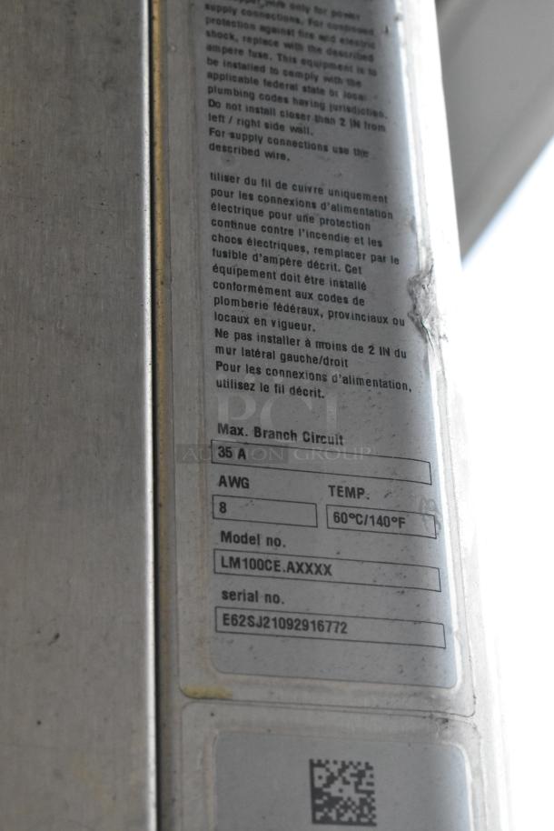 Rational LM100CE.AXXXX label with circuit details, temperature range, and model number. Stainless steel, commercial-grade.