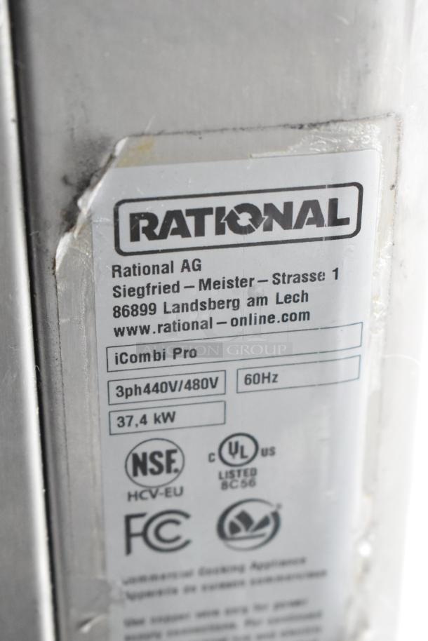 Rational iCombiPro convection oven label showing model LM100CE.AXXXX, 3ph 440/480V, 37.4 kW.