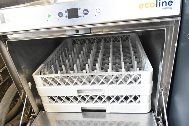 Brand new 2023 Hobart EUL stainless steel undercounter dishwasher, visible control panel, white dish racks, 120V, 1 phase.