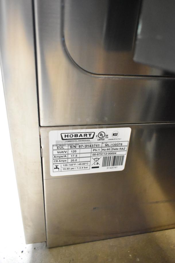 Brand new 2023 Hobart EUL stainless steel undercounter dishwasher, 120V, 1 phase. Scratch and dent condition, model label visible.