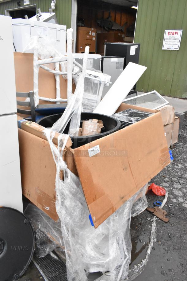 Boxed and wrapped 12 scratch and dent items, including Lancaster wood table top, Lavex trash can, outdoor table base. New condition.