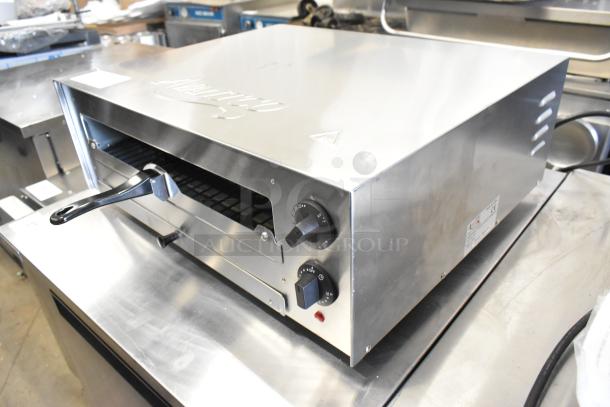 Brand new Avantco 177CPO16TSGL stainless steel pizza oven, scratch and dent, missing glass, 120V, 1 phase, thermostatic control.