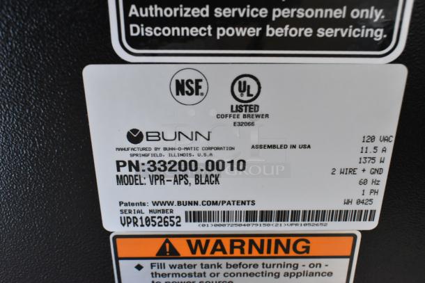 Label on Bunn VPR-APS Pourover Airpot Coffee Brewer, 120V, 1 Phase, model 33200.0010, NSF and UL listed, made in USA.
