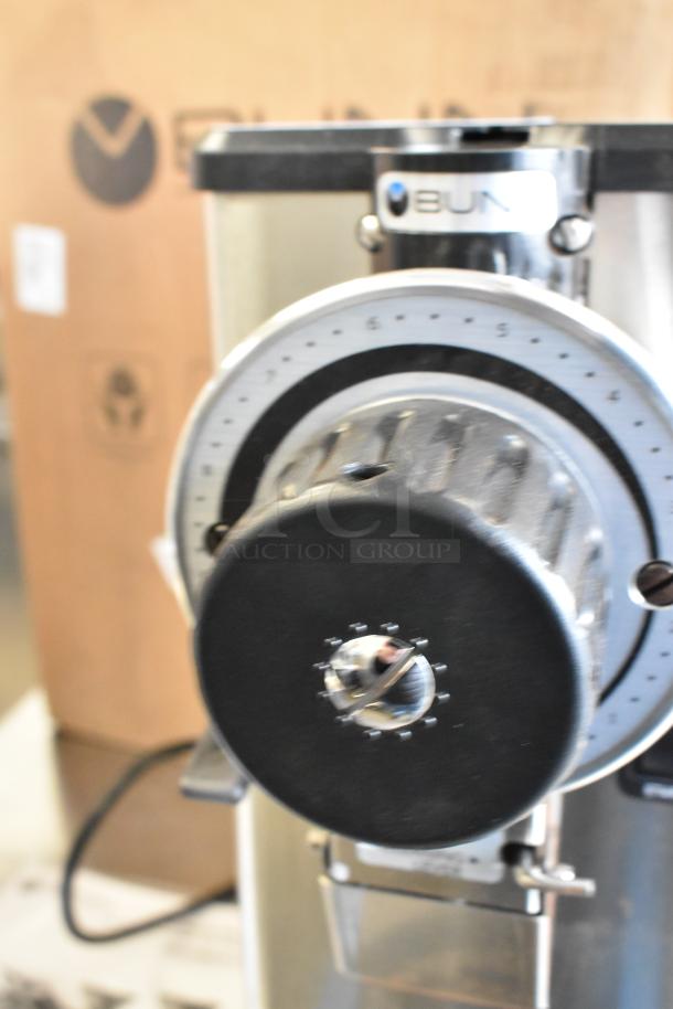 BRAND NEW 2025 Bunn GVH-1 1 lb. stainless steel bulk coffee grinder. Includes scratch and dent imperfections. 120V, 1 phase.