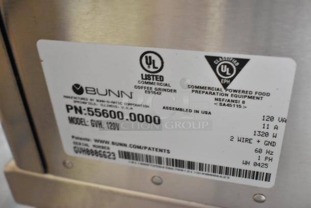 Alt text: 2025 Bunn 55600.0100 GVH-1 stainless steel bulk coffee grinder label, 120V, 1 Phase, 1 lb capacity, new with scratch and dent.