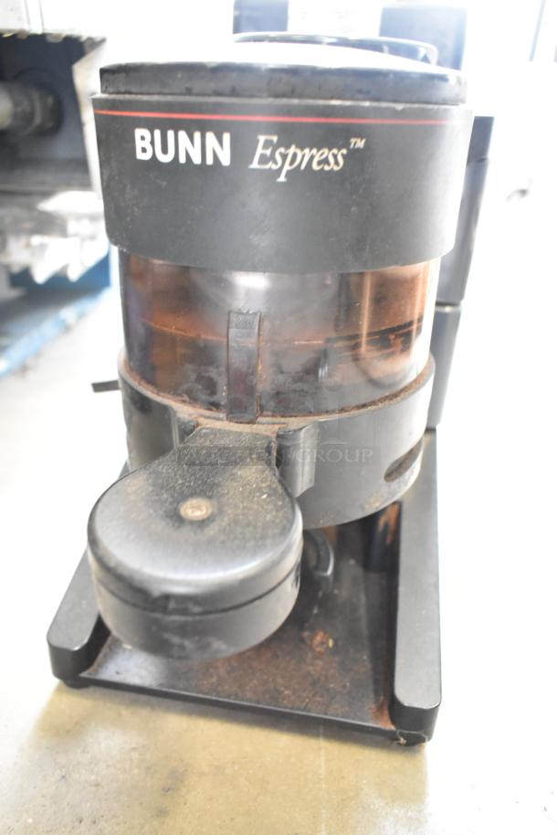Bunn ES-1G metal espresso bean grinder, no lid, 120V, 1 phase. Used condition with visible wear.