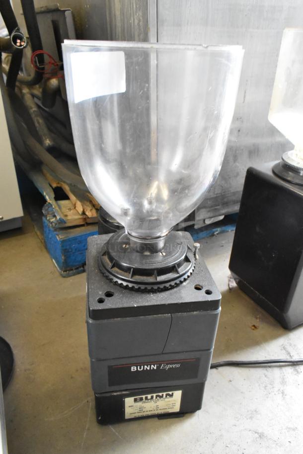 Bunn ES-1G Metal Countertop Espresso Bean Grinder, no lid, 120 volts, 1 phase, black, visible model label.
