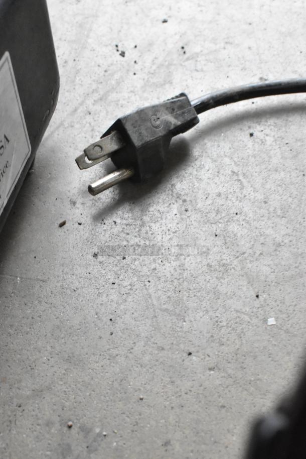 Bunn ES-1G metal countertop espresso bean grinder, missing lid, 120V, 1-phase, power cord visible.