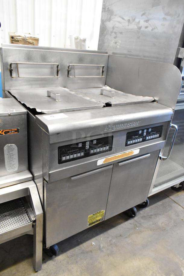 Frymaster PH255SC stainless steel commercial deep fryer, natural gas, on casters, 80,000 BTU, with control panel.