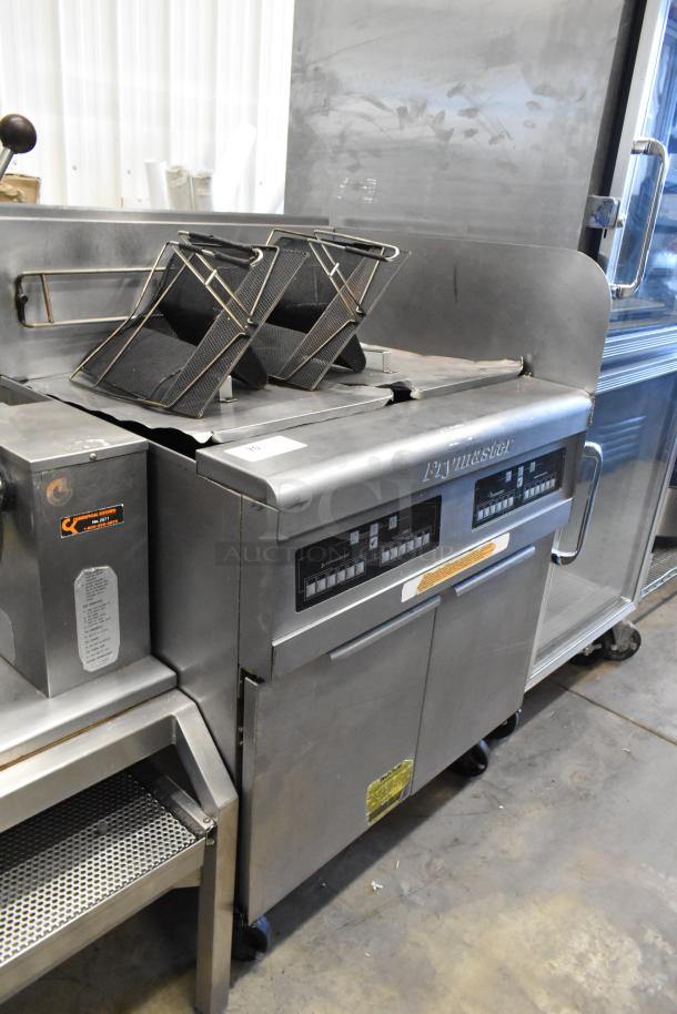 Frymaster PH255SC stainless steel commercial deep fat fryer on casters, 80,000 BTU, with control panel and fryer baskets.