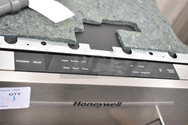 Brand new Honeywell HDS18SS stainless steel undercounter slimline dishwasher, 18", showing control panel and minor scratches.
