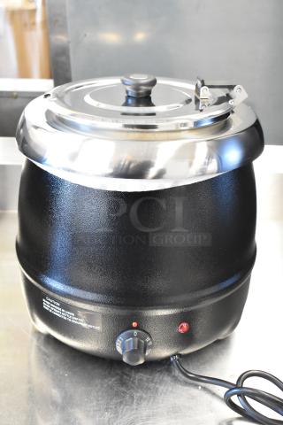 BRAND NEW Hi Tek RWT1661B 11 Quart Soup Kettle Food Warmer. Black metal with adjustable heat dial. 120 Volts, 1 Phase.