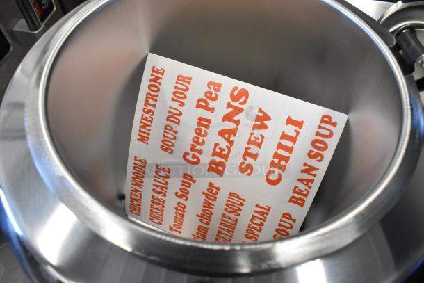 BRAND NEW Hi Tek RWT1661B 11 Quart Soup Kettle, 120V, tags visible for various soups, dent noted but unused condition.