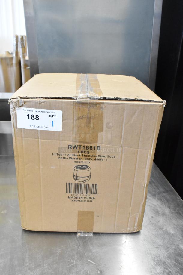 Brand new Hi Tek RWT1661B 11-Quart Metal Soup Kettle Warmer in original packaging. 120V, 1 Phase. Scratch and dent condition. Box marked "Made in China".