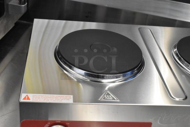 Brand new Avantco 177EB202SBSM double burner solid top stainless steel hot plate, features scratch and dent, 240V, 1 phase.