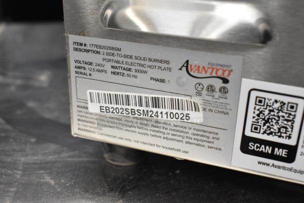 Avantco Double Burner Hot Plate, Model 177EB202SBSM, 240V, 3000W. New scratch/dent. Stainless steel, side-by-side design.