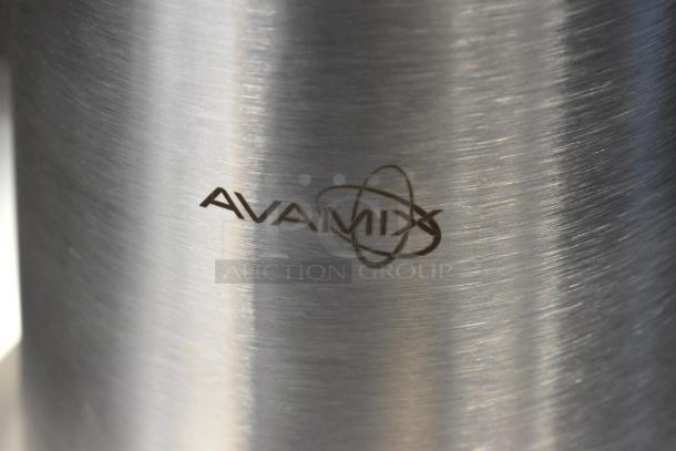Alt text: AvaMix CJ1400 stainless steel citrus juicer, logo visible, new condition with minor scratches, 120V, 1 phase.
