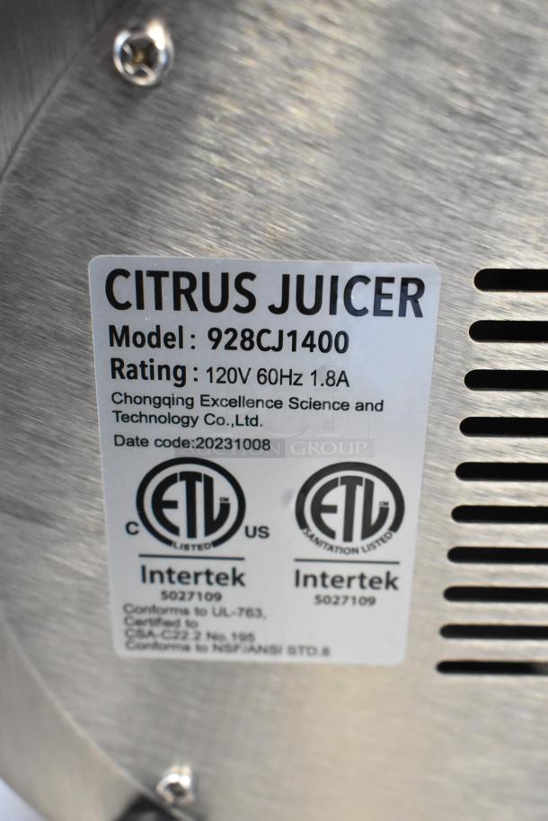 AvaMix 928CJ1400 Electric Stainless Steel Citrus Juicer label, rated 120V, 1.8A. ETL listed, showing model and certification details.