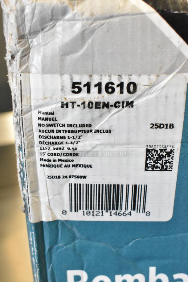 Damaged box with label for Little Giant 511710, Model HT-10E-CIA-FS Submersible Effluent Pump, 0.5 HP, 115v, automatic, 15 ft cord.