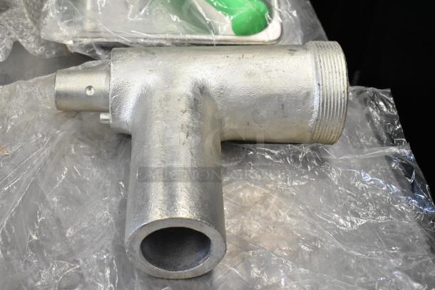 BRAND NEW SCRATCH AND DENT! Assure 190M22HGA meat grinder attachment for #22 hub, shown with metal finish, minor surface imperfections.