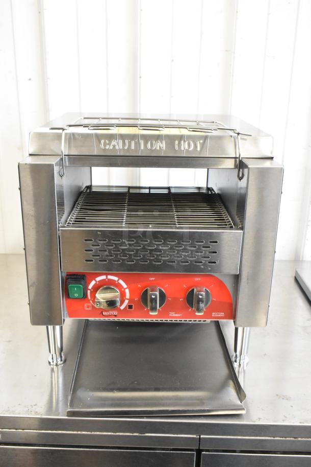 Brand new Avantco 184T3300D stainless steel conveyor toaster, 10" wide, 3" opening, 800 slices/hour, 240V, 1 phase.