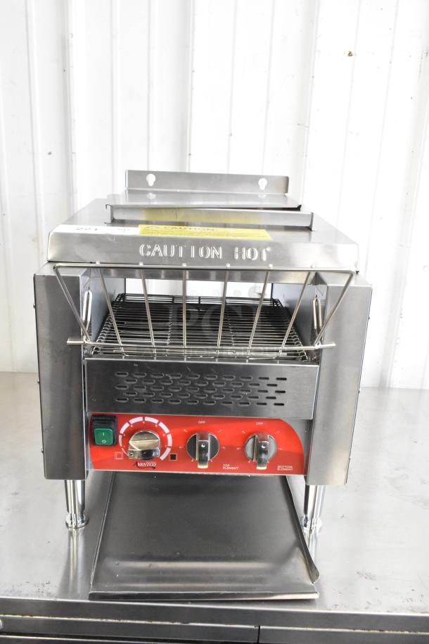 Brand new Avantco 184T3300D stainless steel conveyor toaster, 10" wide, 3" opening, 800 slices/hr, 240V, 1 phase, labeled "Caution Hot."