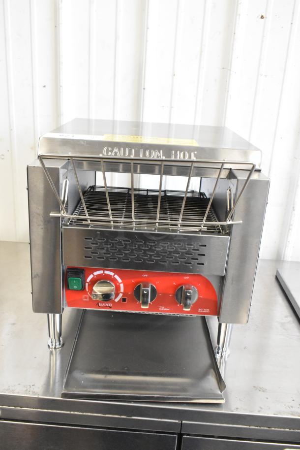 Avantco 184T3300D stainless steel 10" conveyor toaster, 3" opening, 800 slices/hour, brand new scratch and dent, 240V, 1 phase.