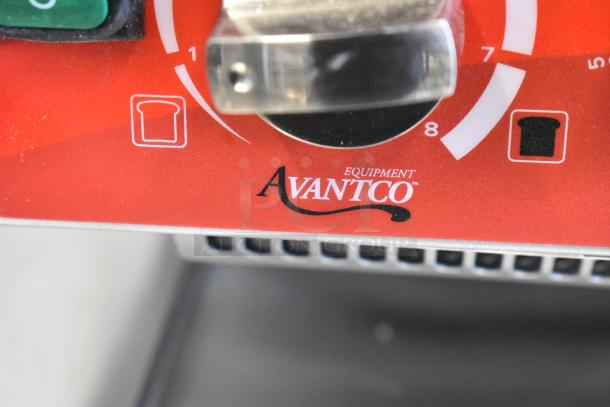 Brand new Avantco 184T3300D stainless steel conveyor toaster, 10" wide, 3" opening, 800 slices/hour, 240V, 1-phase.