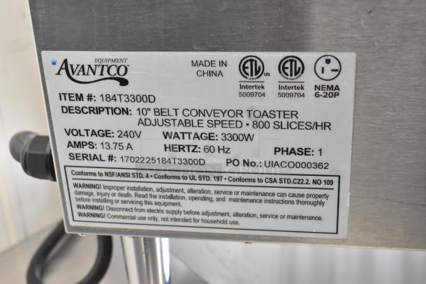 Brand new Avantco 184T3300D stainless steel conveyor toaster, 10" wide, 3" opening, 800 slices/hr, 240V, 1 phase.